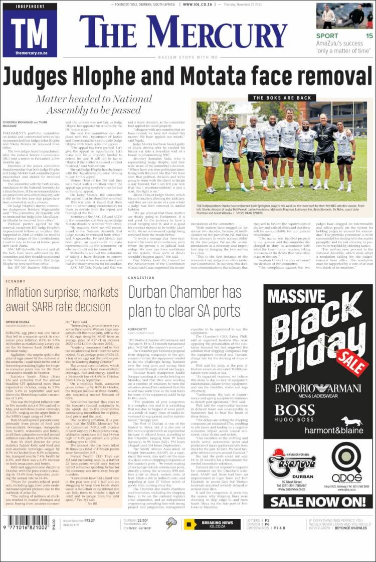 Portada de The Mercury (Sud&aacute;frica)