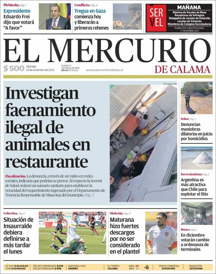 Portada de El Mercurio - Calama (Chile)