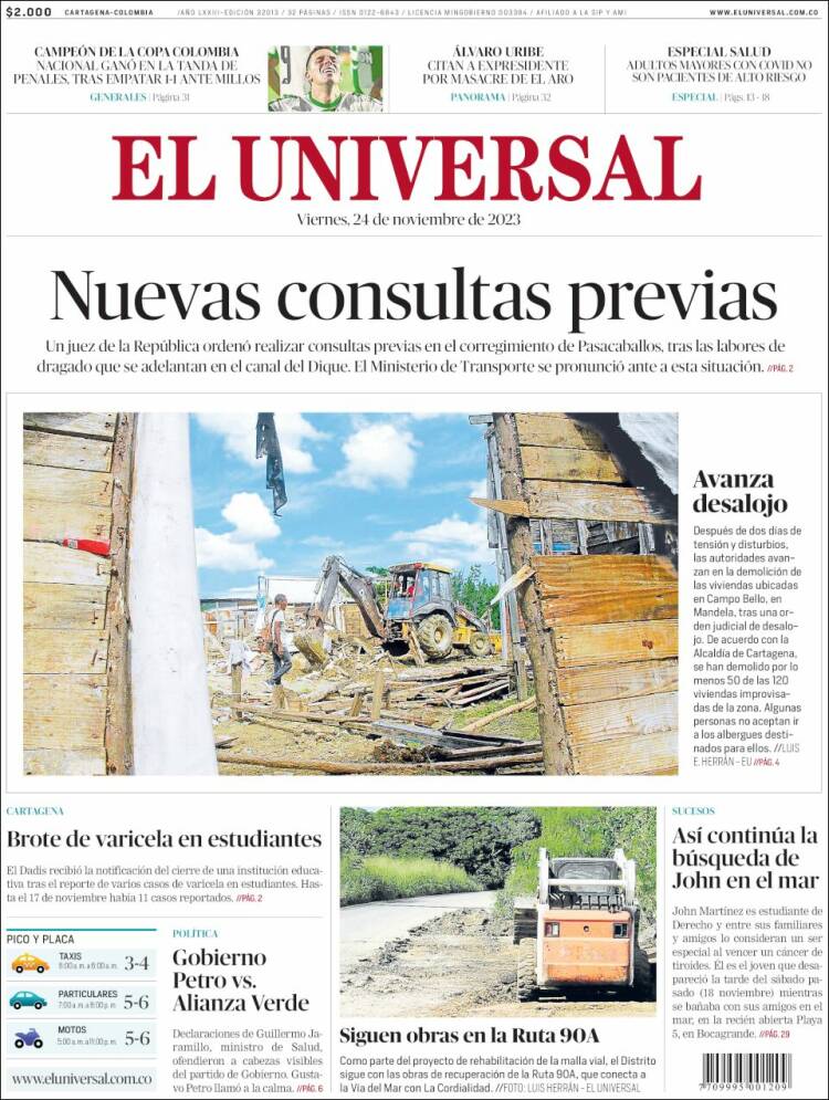 Portada de El Universal (Colombia)