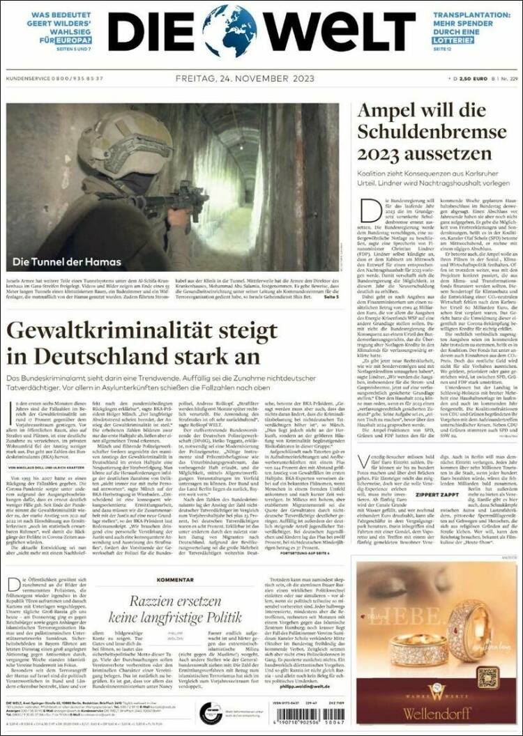 Portada de Die Welt (Alemania)