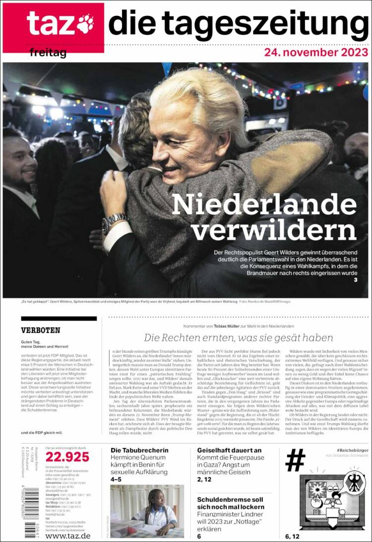 Portada de Die Tageszeitung (Alemania)