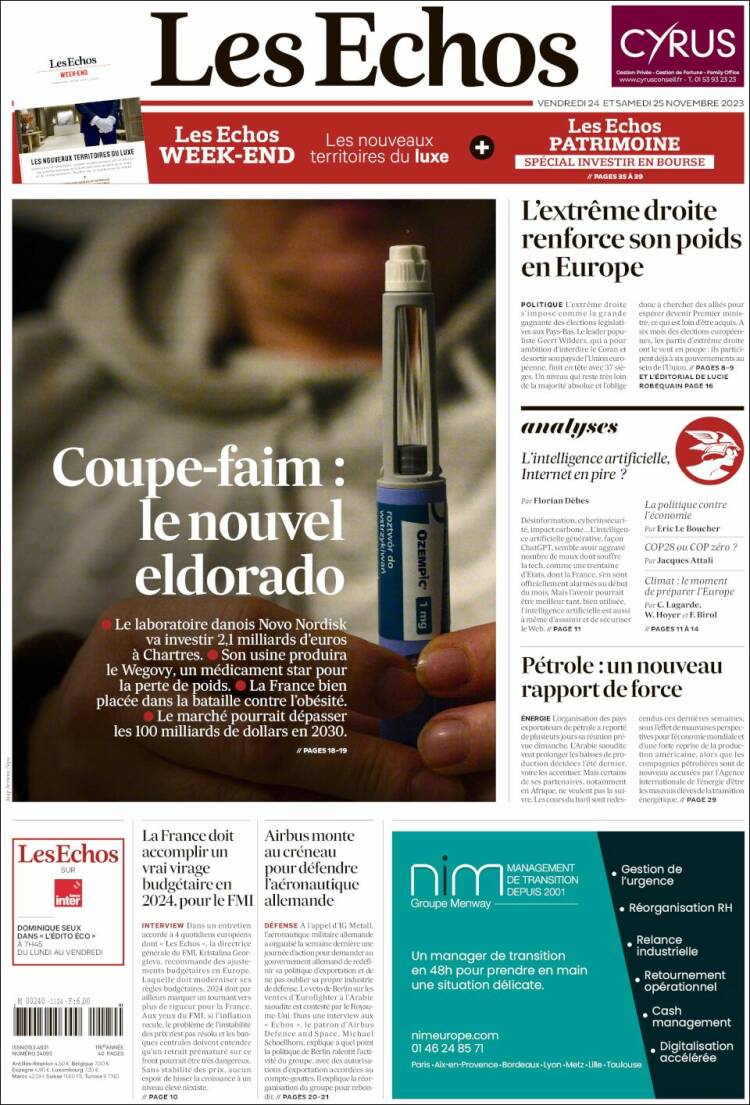 Portada de Les Echos (Francia)