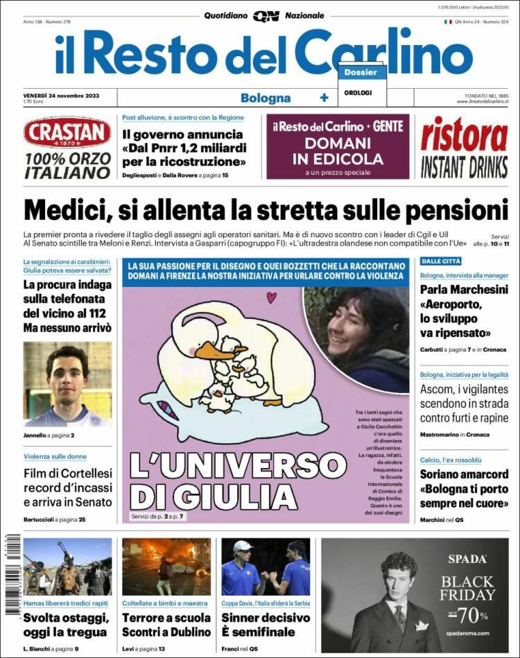 Portada de Il Resto del Carlino (Italia)