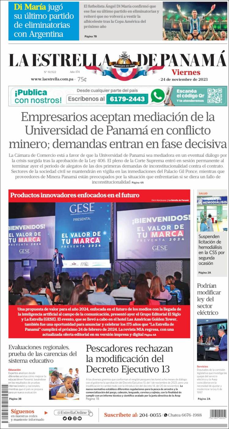 Portada de La Estrella de Panamá (Panam&aacute;)