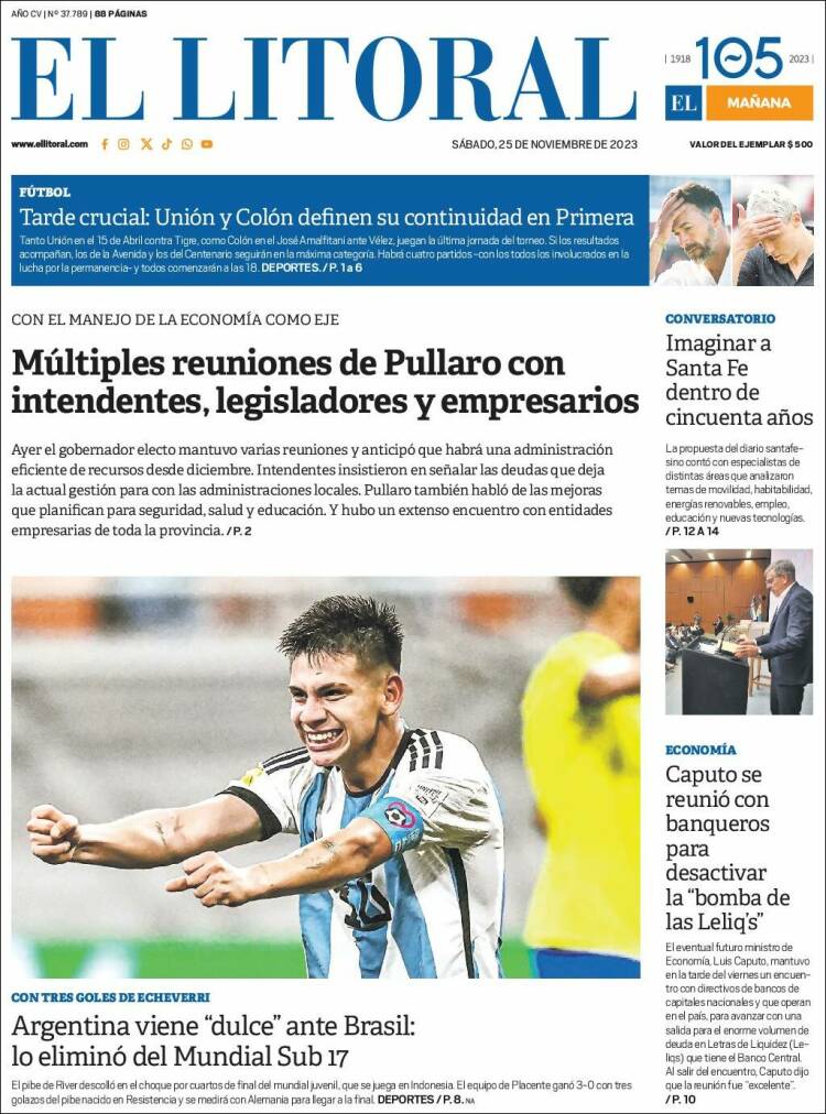 Portada de Diario El Litoral (Argentina)