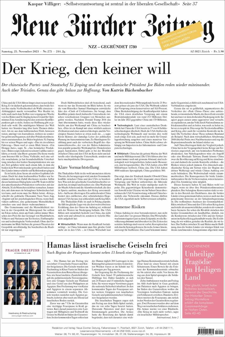Portada de Neue Zürcher Zeitung (Suiza)