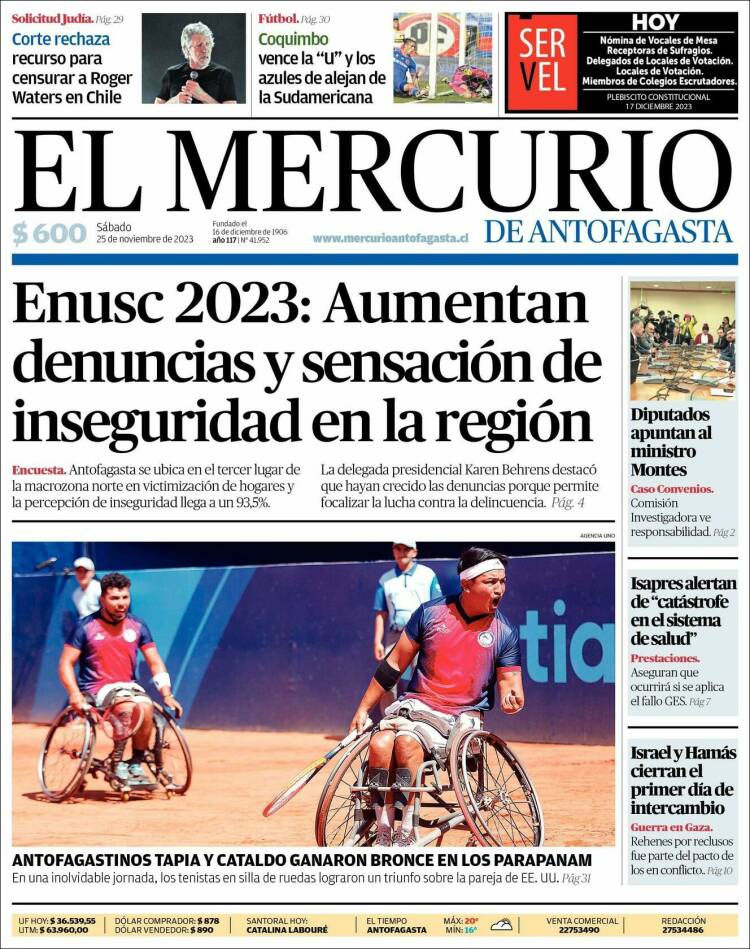 Portada de El Mercurio de Antofagasta (Chile)