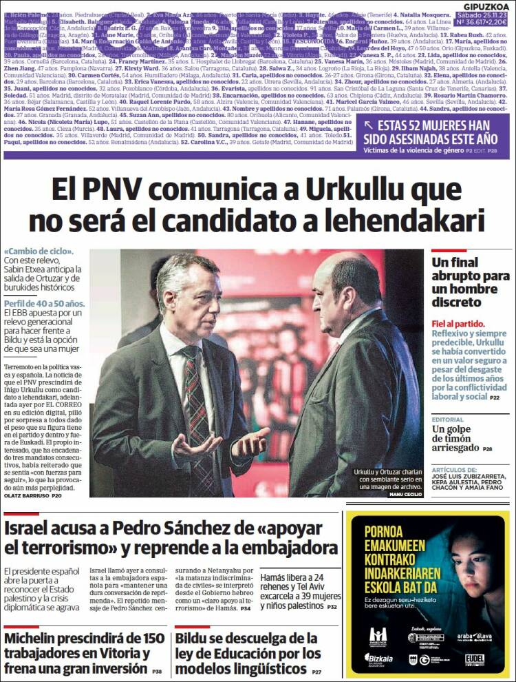 Portada de El Correo - Guipuzcoa (España)