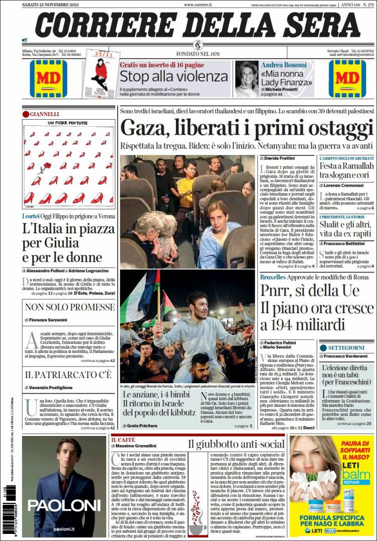 Portada de Corriere della Sera (Italia)