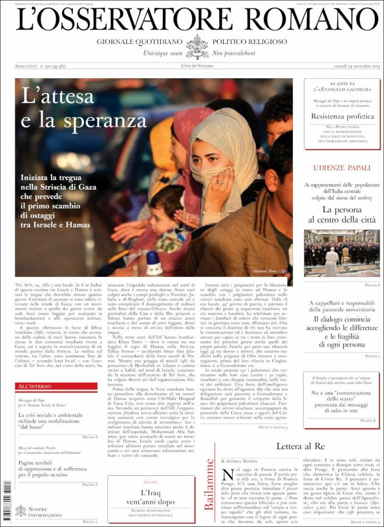 Portada de L'Osservatore Romano (Italia)