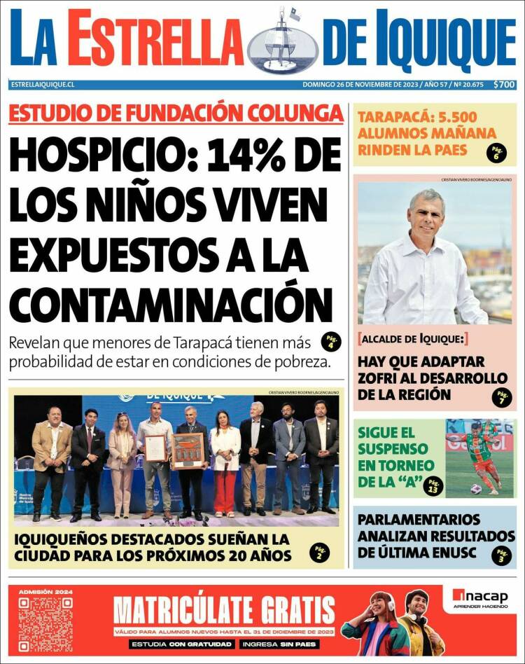Portada de La Estrella de Iquique (Chile)