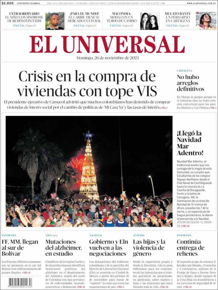 Portada de El Universal (Colombia)