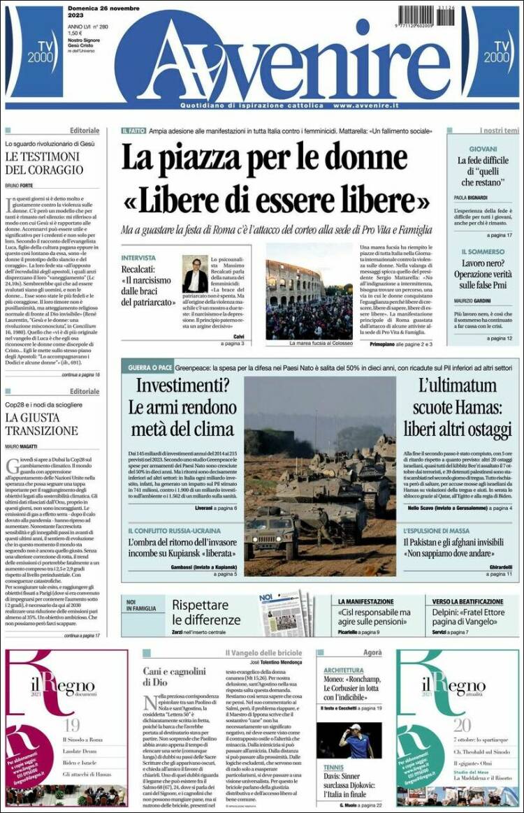 Portada de Avvenire (Italia)