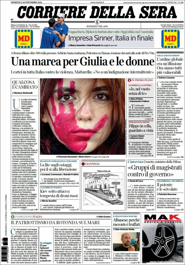 Portada de Corriere della Sera (Italia)