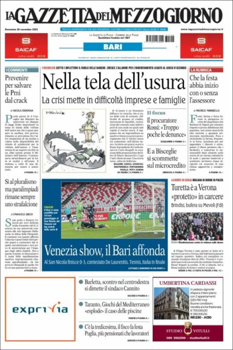 Portada de La Gazzetta del Mezzogiorno (Italia)