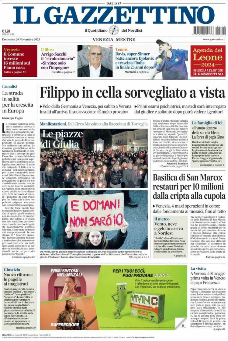 Portada de Il Gazzettino (Italia)