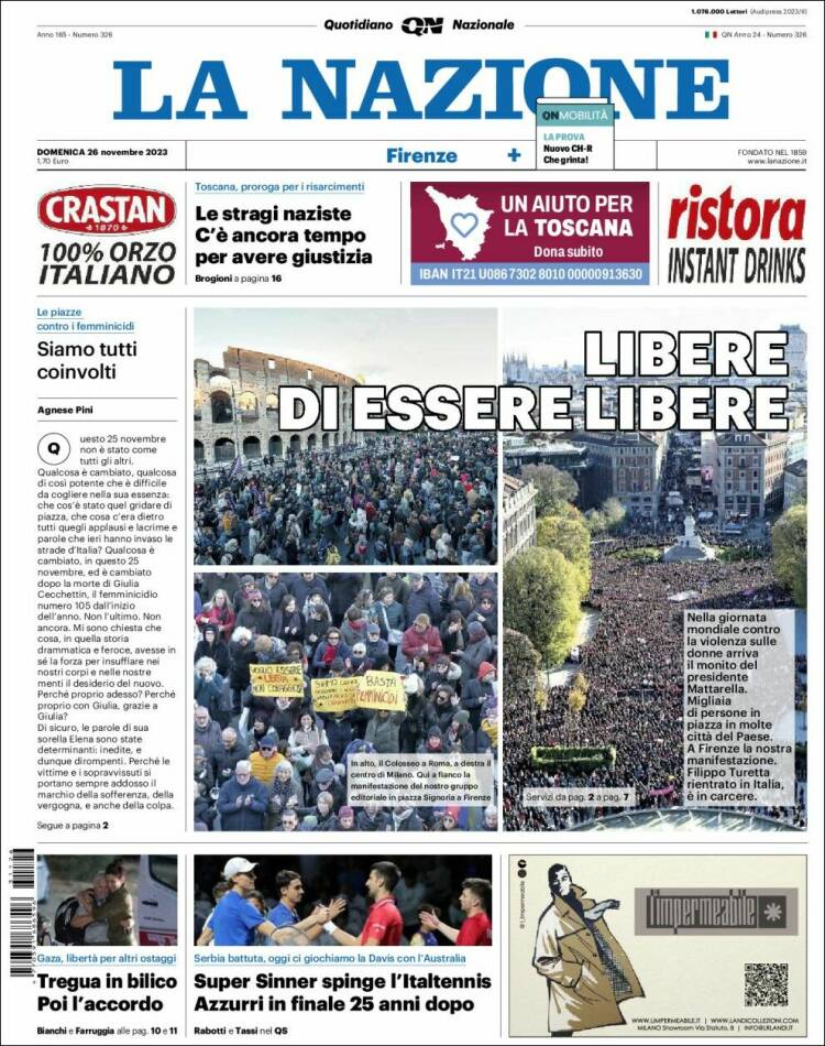 Portada de La Nazione (Italia)