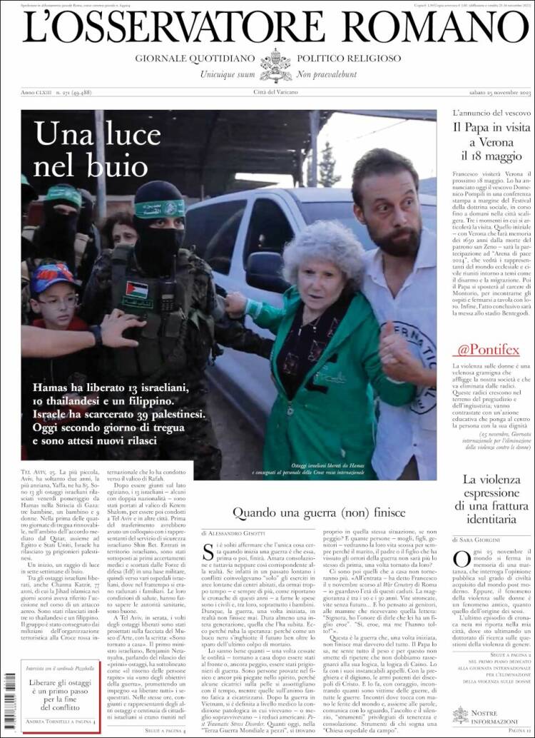 Portada de L'Osservatore Romano (Italia)