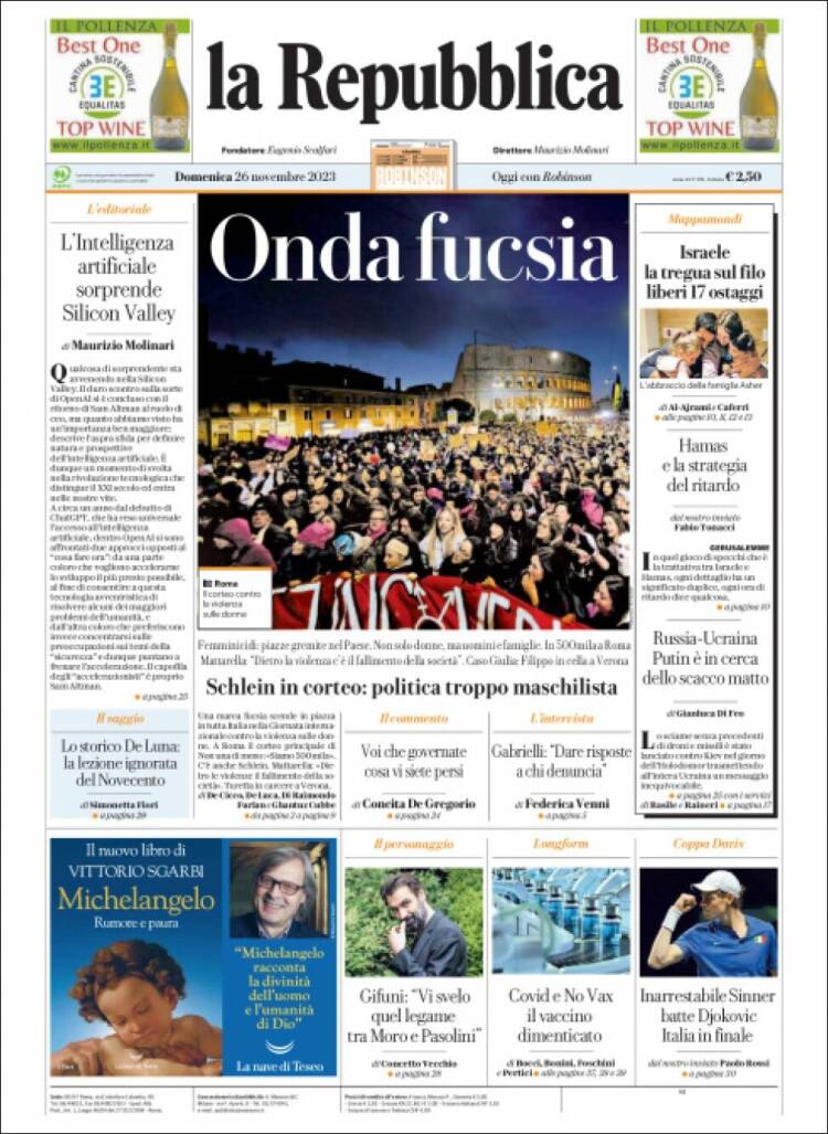 Portada de La Repubblica (Italia)