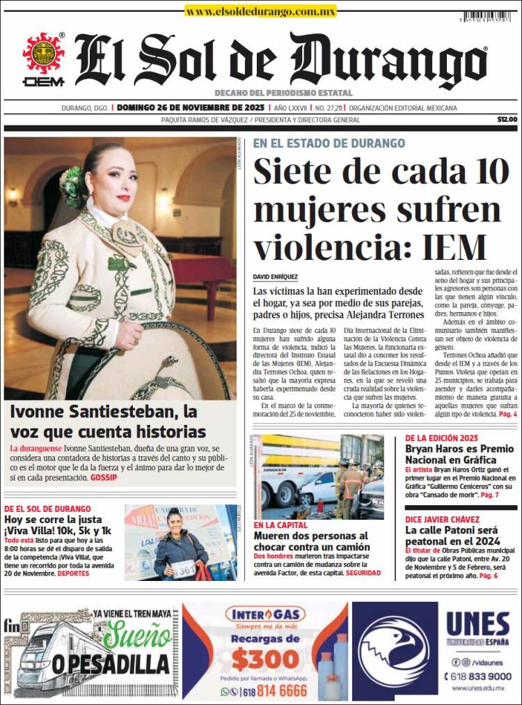 Portada de El Sol de Durango (M&eacute;xico)