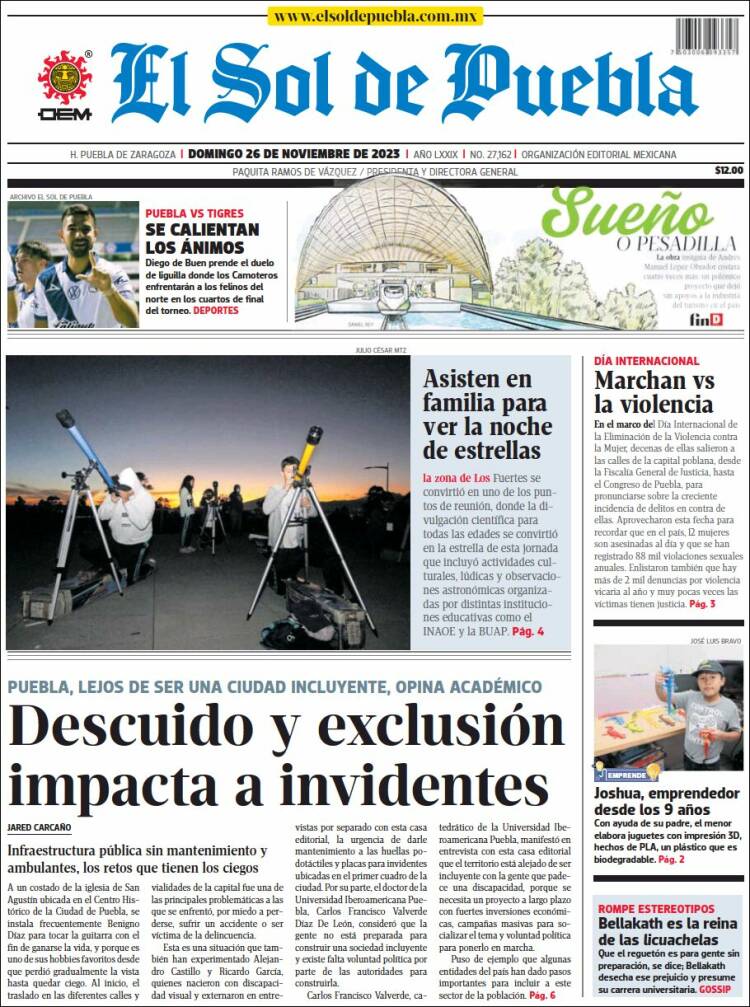 Portada de El Sol de Puebla (M&eacute;xico)