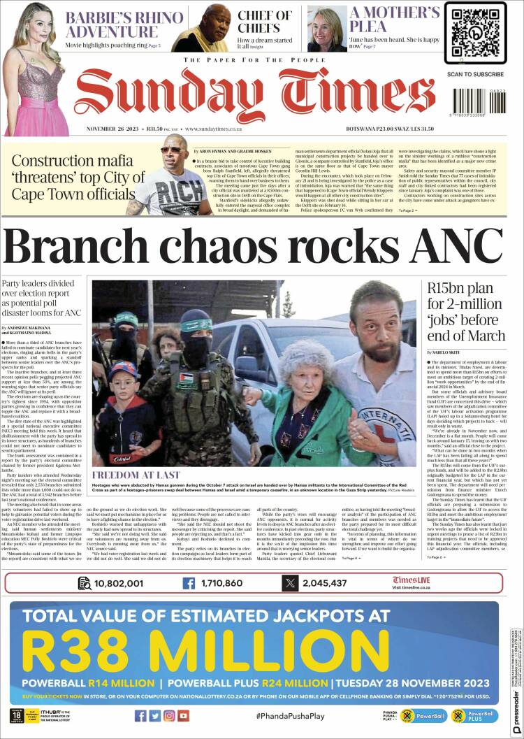 Portada de The Times (Sud&aacute;frica)