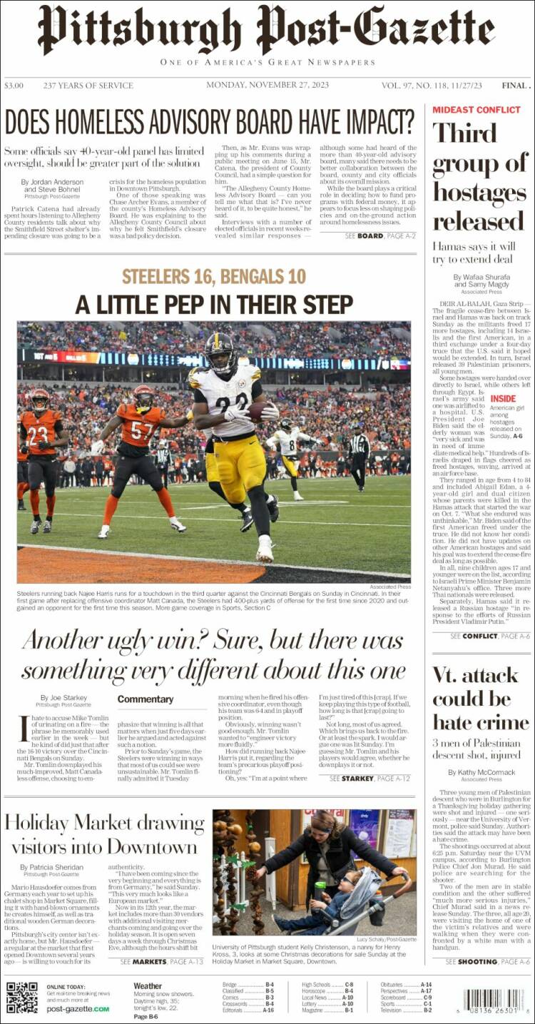 Portada de Pittsburgh Post-Gazette (USA)