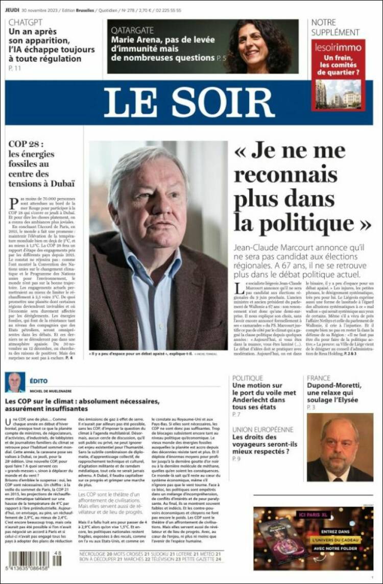 Portada de Le Soir (B&eacute;lgica)