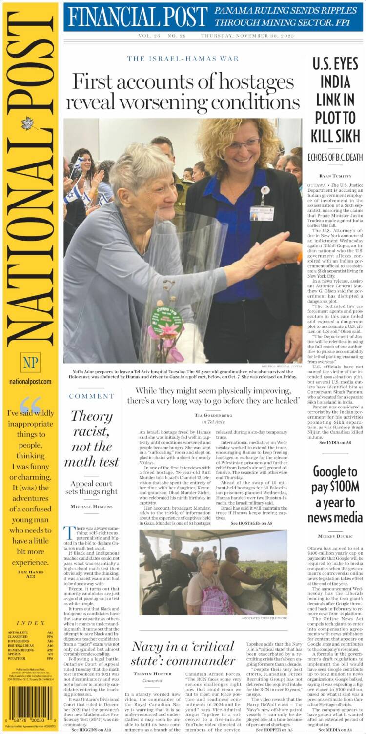 Portada de The National Post (Canadá)