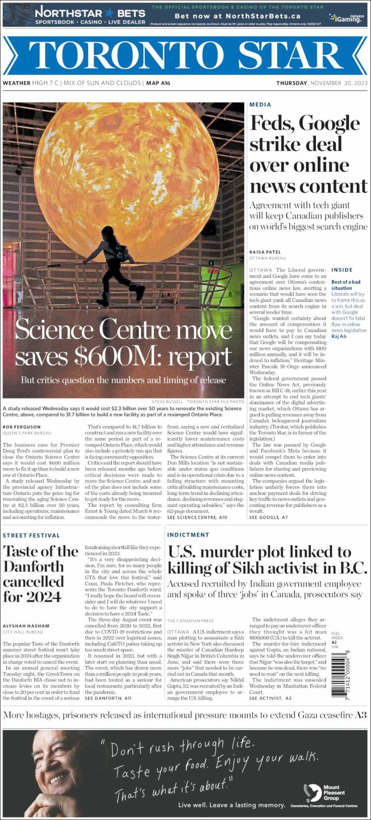 Portada de The Toronto Star (Canadá)