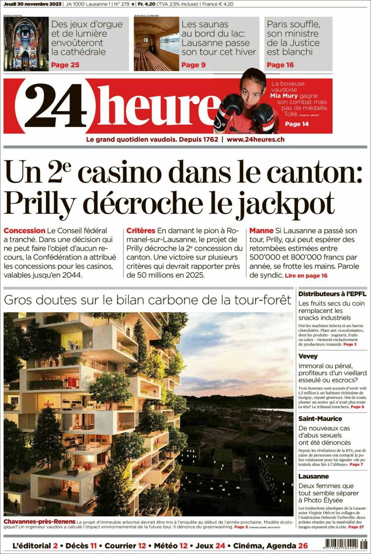 Portada de 24 Heures (Suiza)
