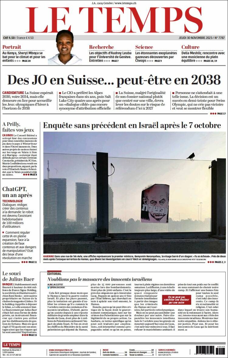 Portada de Le Matin (Suiza)