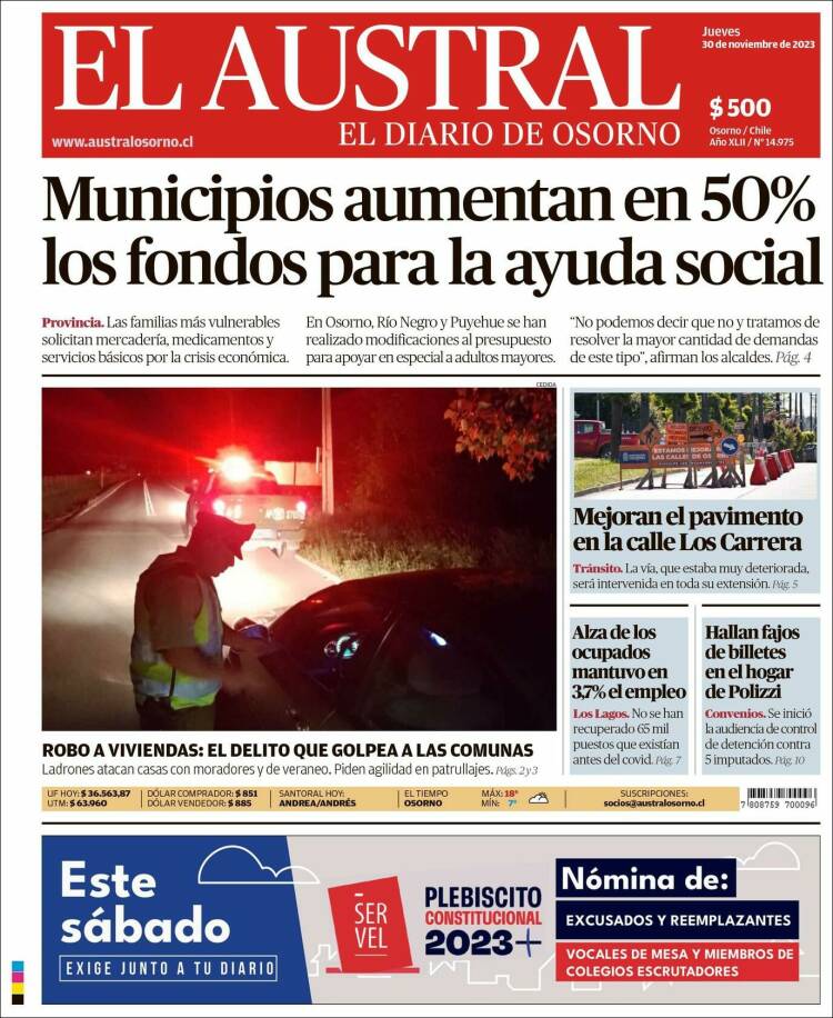 Portada de El Austral de Osorno (Chile)