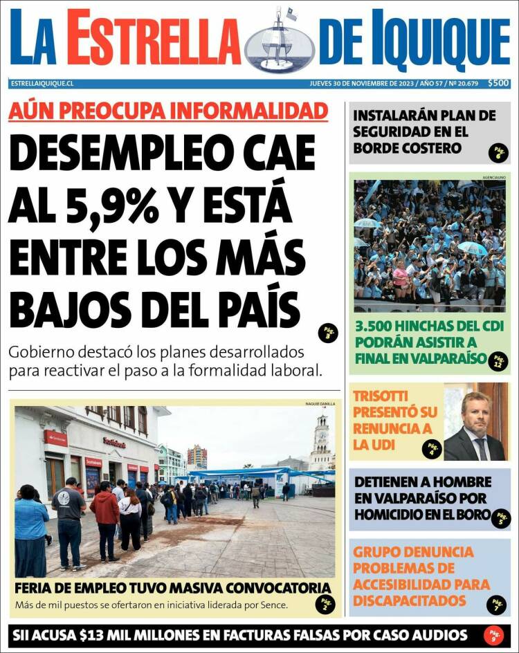 Portada de La Estrella de Iquique (Chile)
