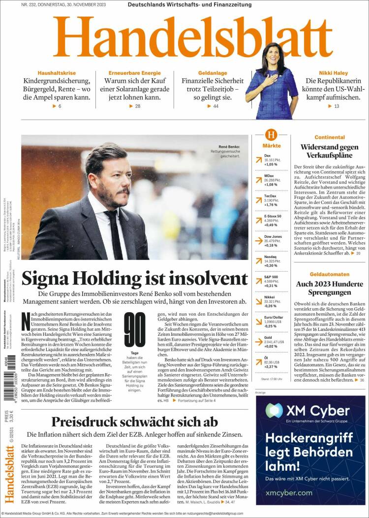 Portada de Handelsblatt (Alemania)