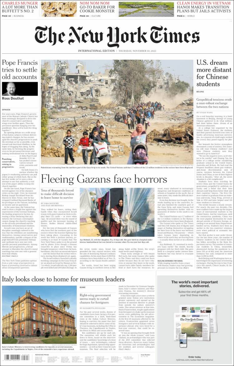 Portada de International New York Times (Europa)