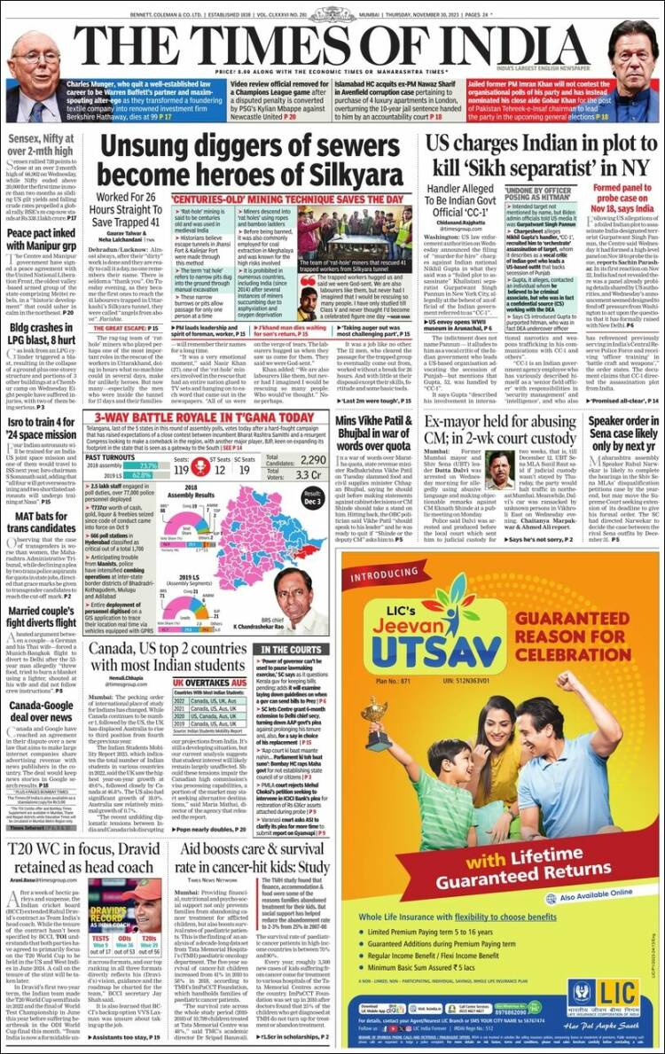 Portada de The Times of India (India)