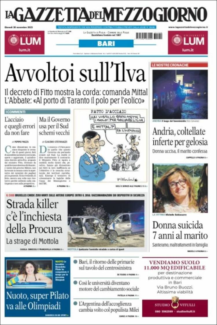 Portada de La Gazzetta del Mezzogiorno (Italia)