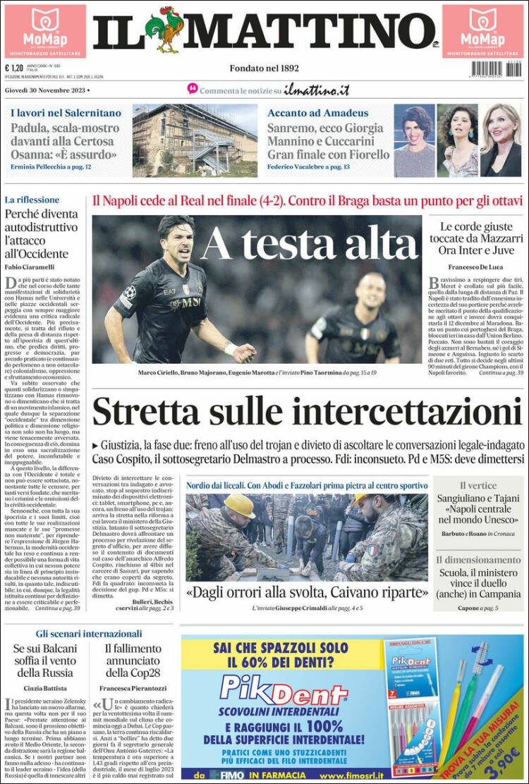 Portada de Il Mattino (Italia)