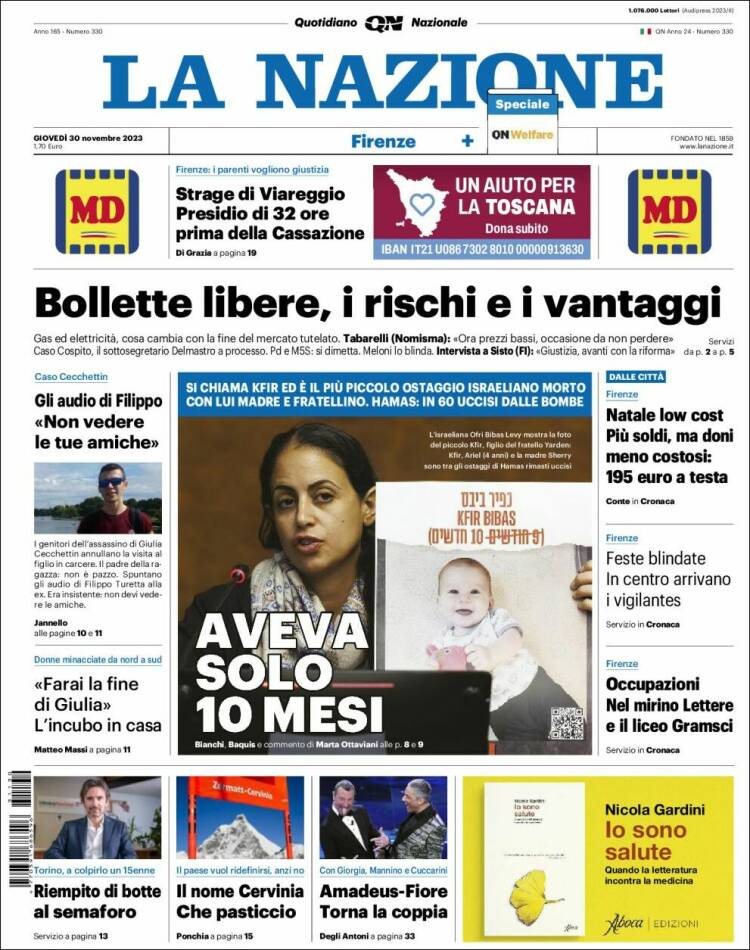 Portada de La Nazione (Italia)
