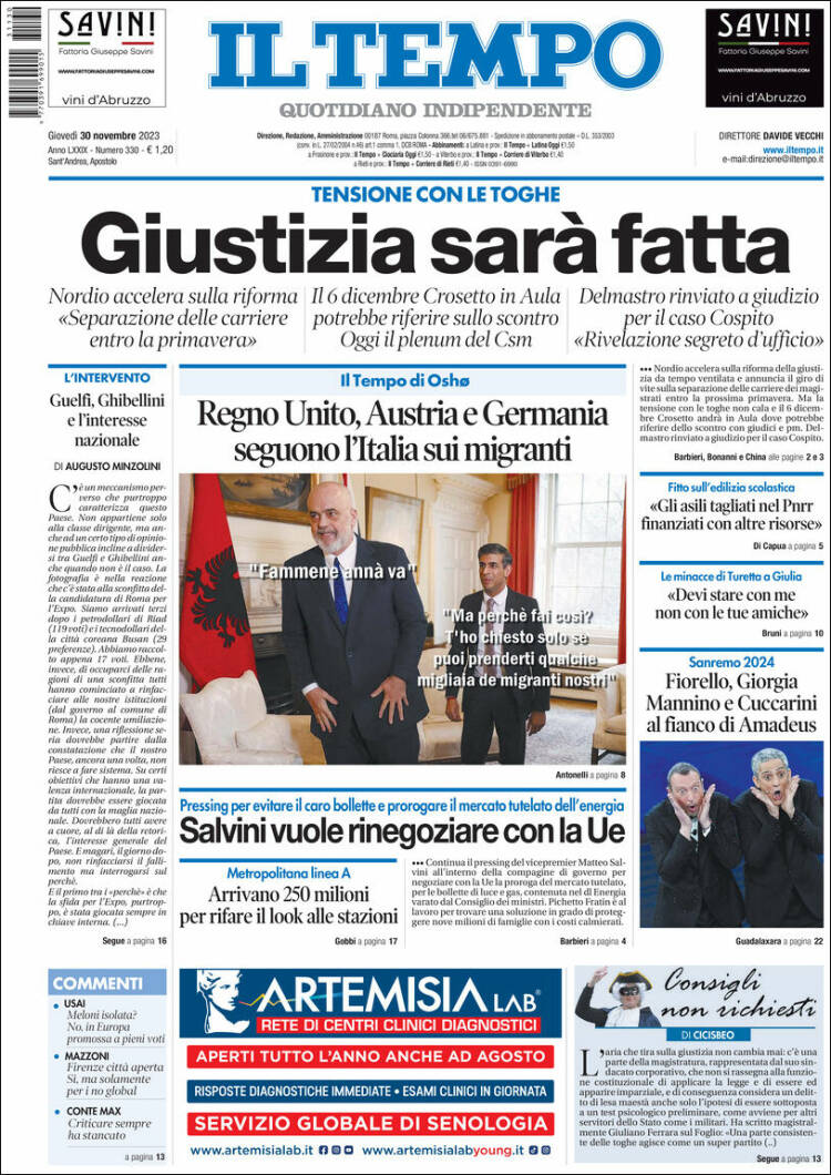 Portada de Il Tempo (Italia)