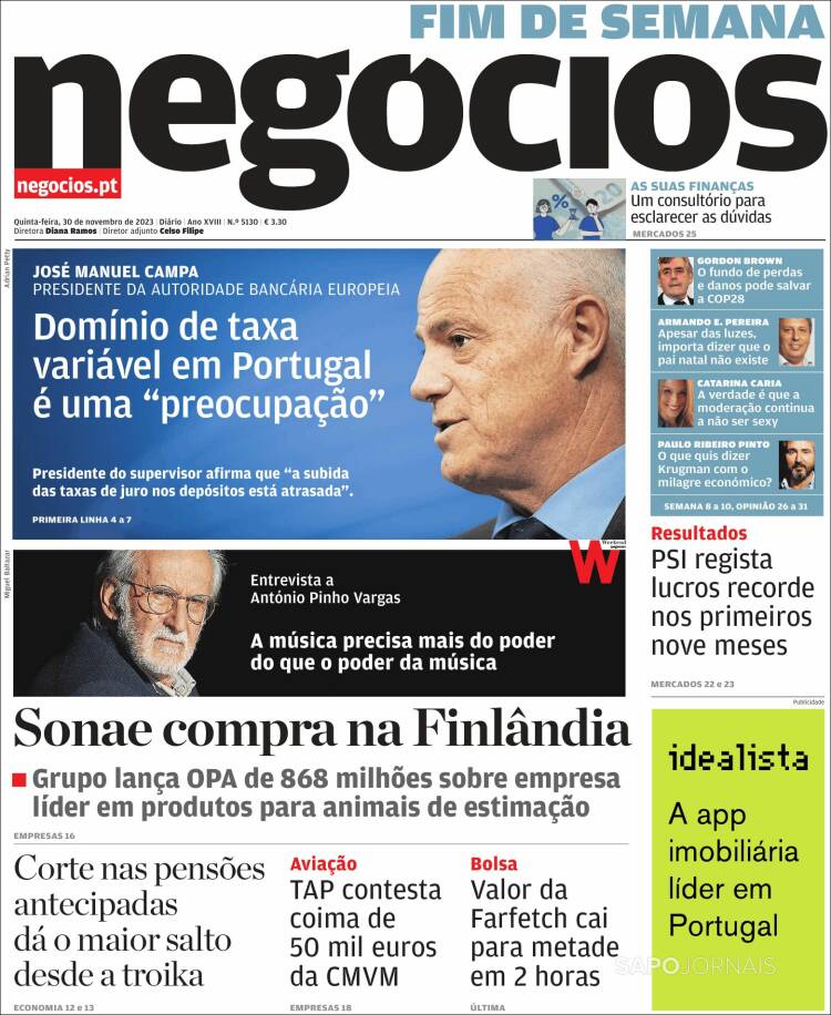 Portada de Jornal de Negócios (Portugal)