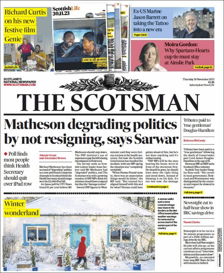 Portada de The Scotsman (Reino Unido)