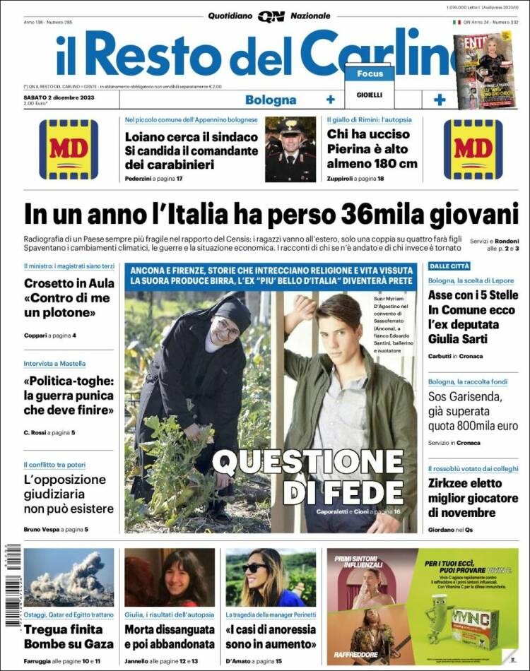 Portada de Il Resto del Carlino (Italia)