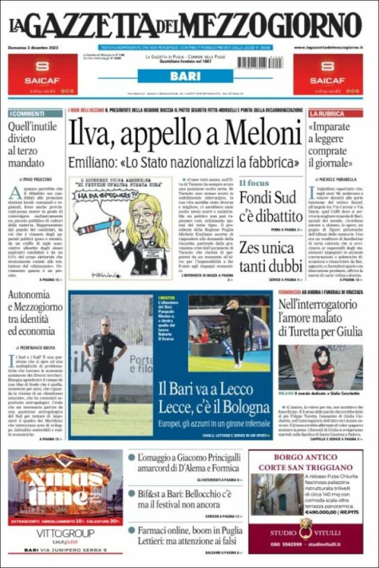 Portada de La Gazzetta del Mezzogiorno (Italia)