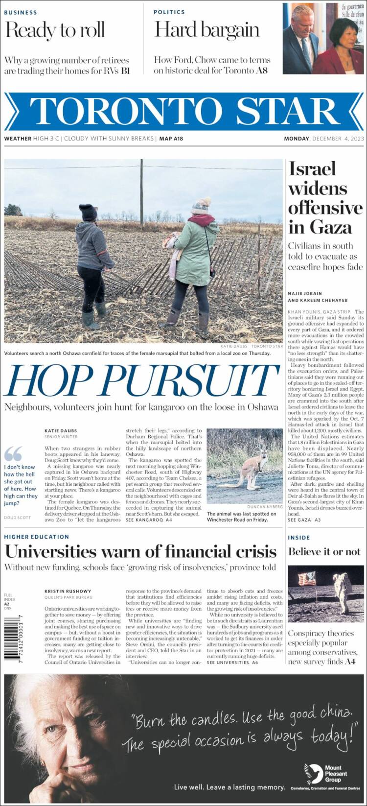 Portada de The Toronto Star (Canadá)