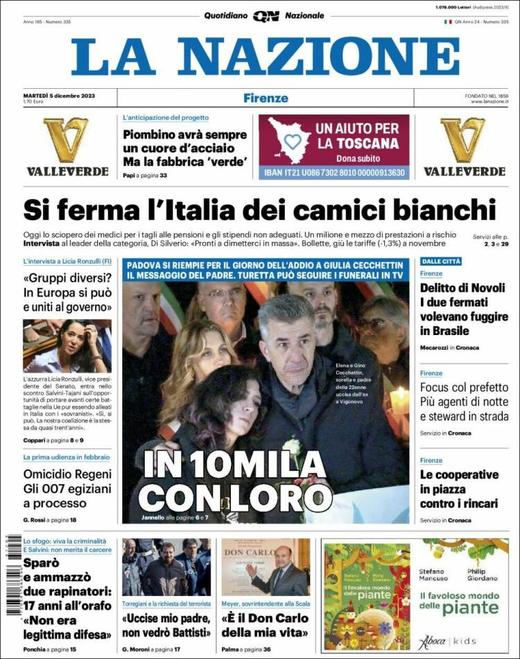 Portada de La Nazione (Italia)