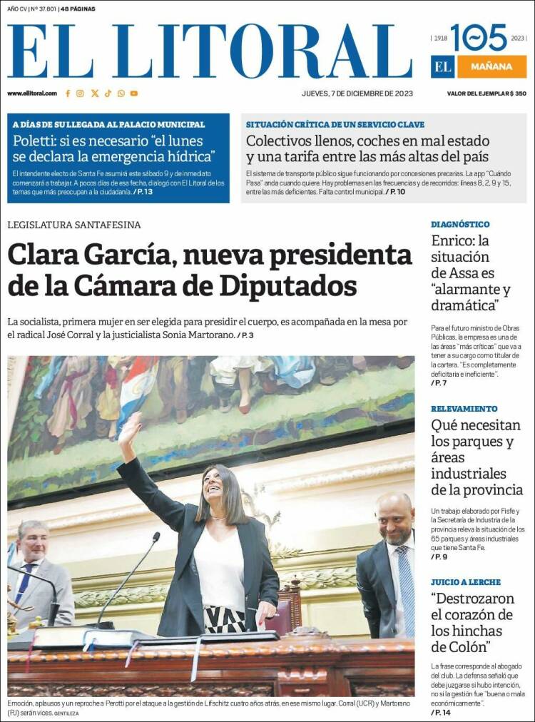 Portada de Diario El Litoral (Argentina)