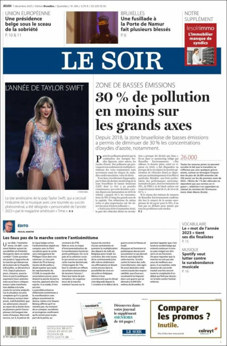 Portada de Le Soir (B&eacute;lgica)