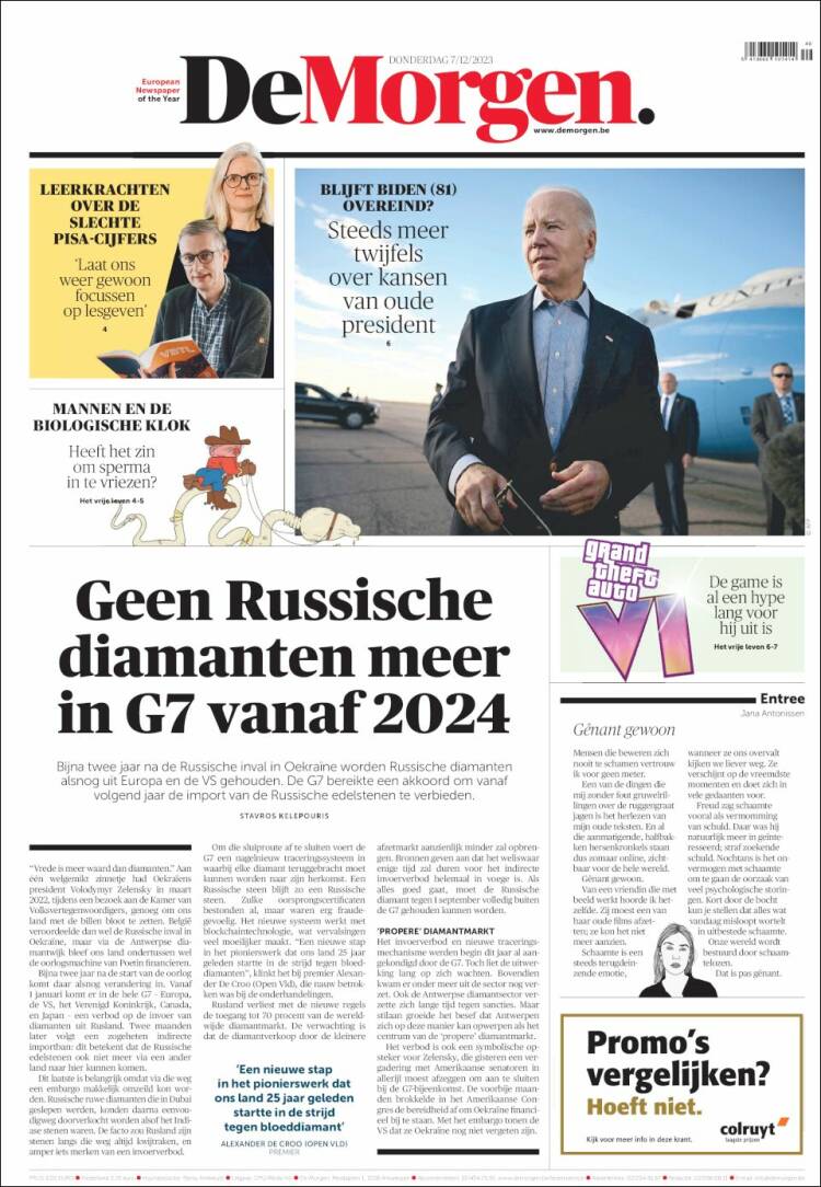Portada de De Morgen (B&eacute;lgica)